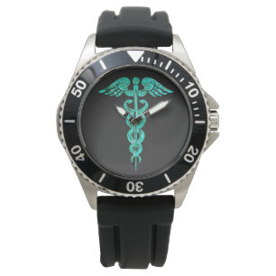 Montre masculine de caducée de turquoise de noir