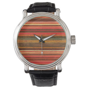 Montre Matériau Textile Rayures Rouge Orange et Vert