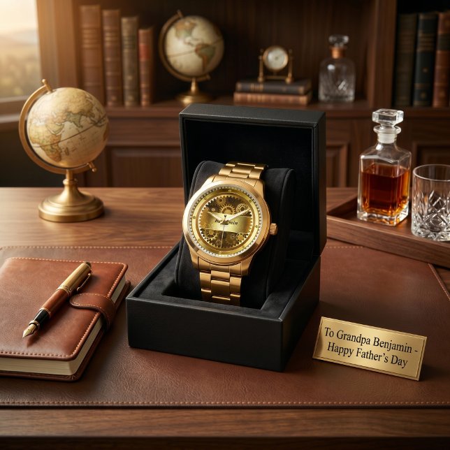 Montre mécanique à engrenages dorés pour la fête d (Gold Mechanical Gear Grandpa Monogram Father's Day Watch)