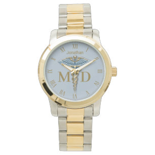 Montre Médicale Gold Light Blue Caduceus Docteur Médicale
