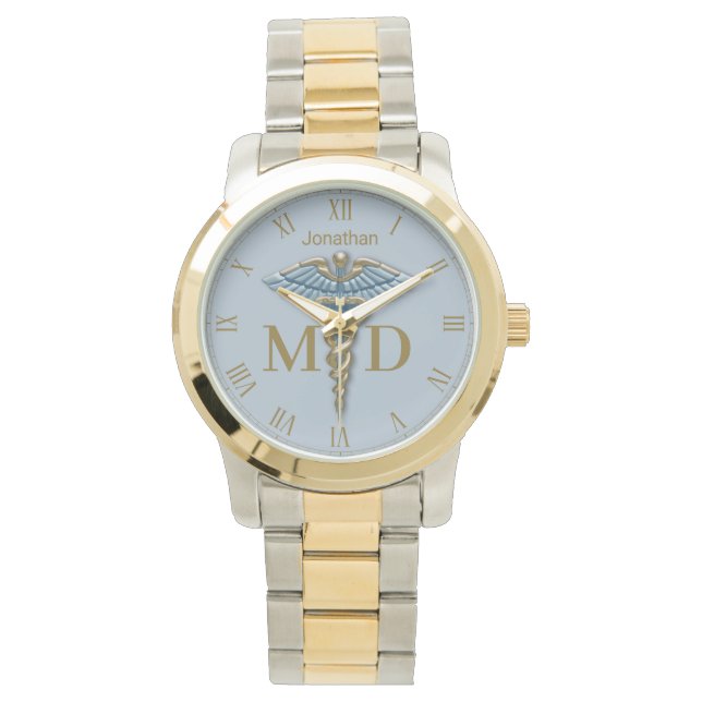 Montre Médicale Gold Light Blue Caduceus Docteur Médicale (devant)