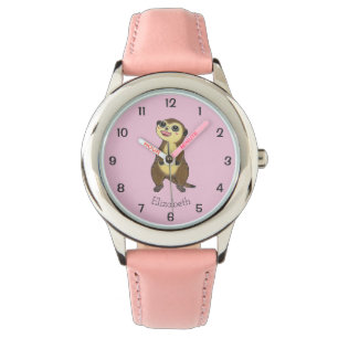 Montre Meerkat Cartoon Simple Rose Nom des enfants