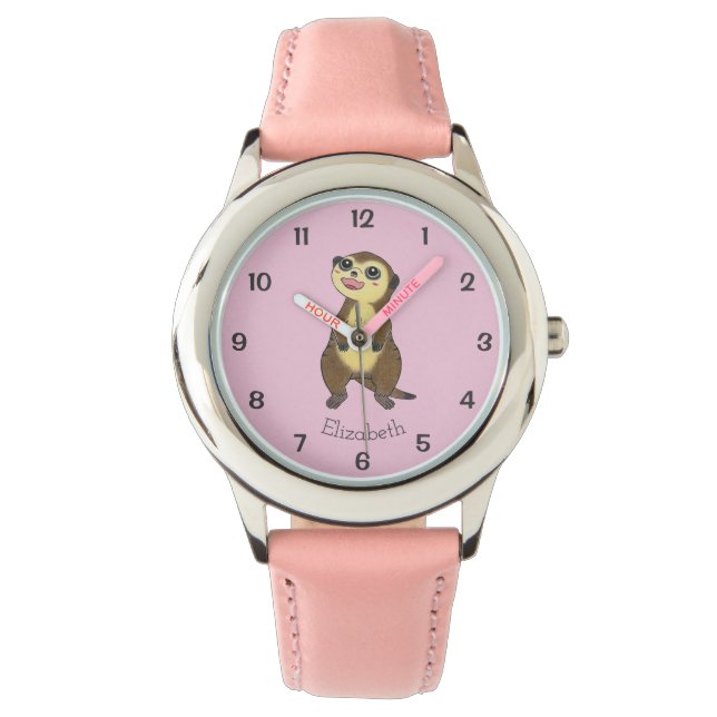 Montre Meerkat Cartoon Simple Rose Nom des enfants (devant)