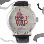 Montre Meilleur papa Jamais Typographie Rouge Photo de la<br><div class="desc">Le meilleur papa jamais la typographie rouge Le Père’s Day Photo Watch. Le design a une photo complète. La typographie moderne en noir et rouge recouvre la photo. Personnalisez avec vos noms et ajoutez votre photo. Grand cadeau pour un père ou un grand-père pour la fête des pères, l'anniversaire ou...</div>