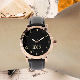 Montre Mens Rose Or Vintage initial noir bracelet en cuir