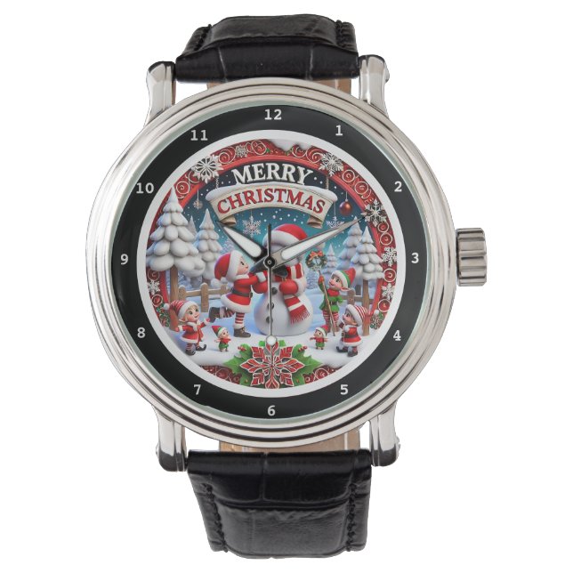 Montre Merry Christmas Elves and Snowman on a Decorative (devant)