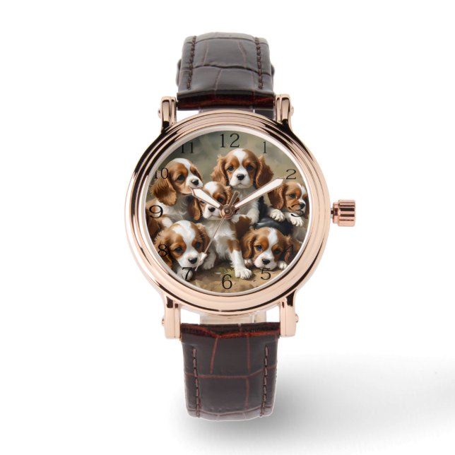 Montre Mesdames Chiots Espagnols Brown Et Blancs, (Recto)