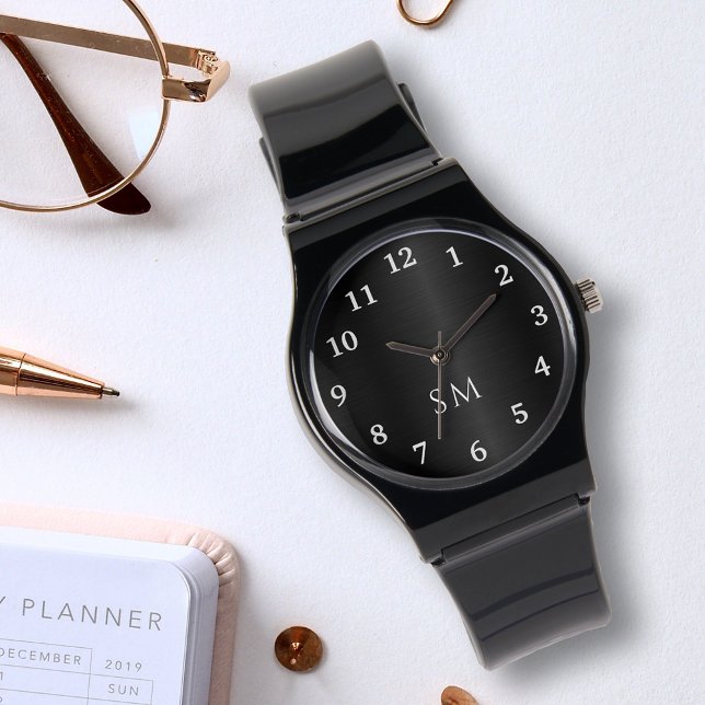 Montre Métal brossé noir et Initiales Monogrammes blancs (Créateur téléchargé)