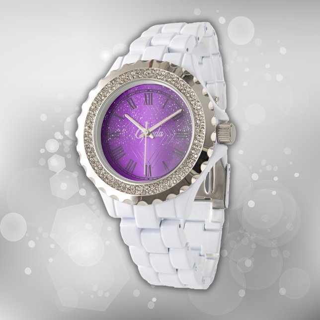 Montre Métal brossé violet moderne avec Monogramme argent (Créateur téléchargé)