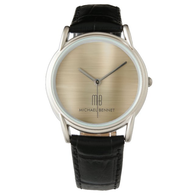 Montre métallique brossée or monogramme élégant (devant)