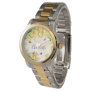 Montre Miel abeilles nid d'abeilles jaune nom monogramme 