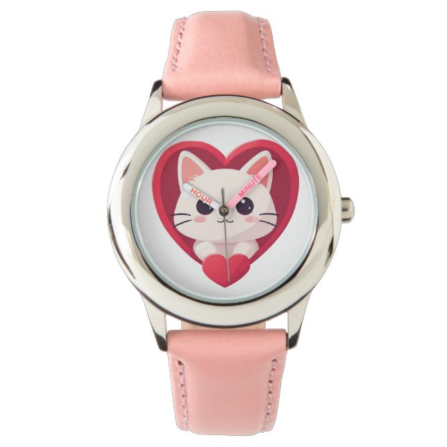 Montre Mignon Chat Blanc avec Design Kawaii Kitty Love (devant)
