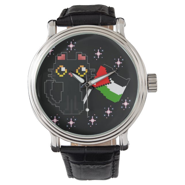 Montre mignon chat noir tient drapeau de la Palestine (devant)
