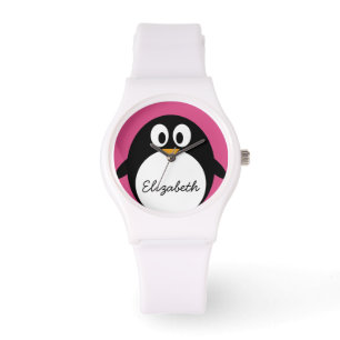 Montre mignon dessin animé pingouin rose et noir