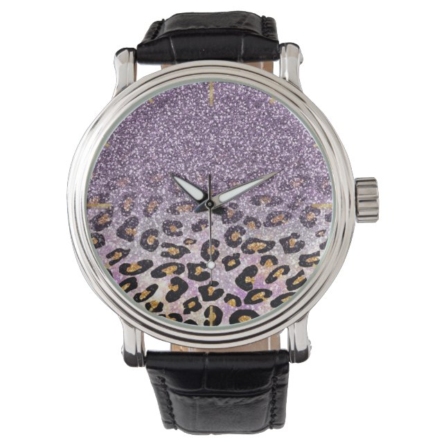 Montre Mignon fille tendance violet faux paillettes léopa (devant)