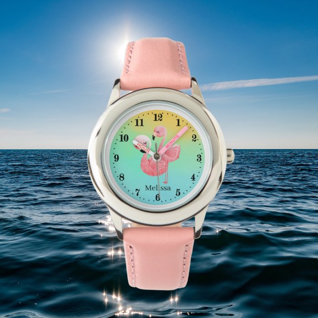 Montre mignon plage rose flamingo ajouter nom (Créateur téléchargé)
