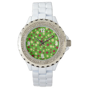 Montre mignonne coccinelle et marguerite vert motif