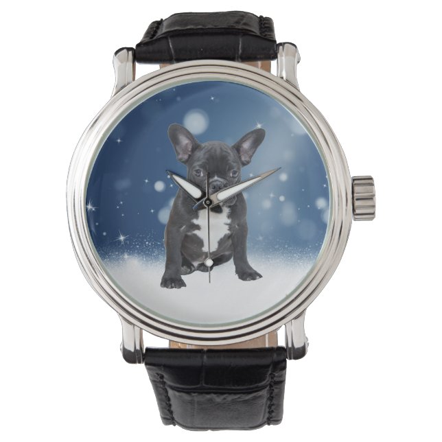 Montre Mignonne French Bulldog Etoiles de neige Bleu Noël (devant)