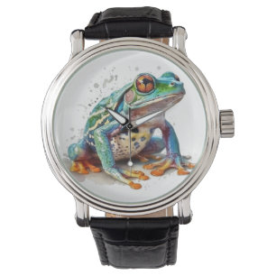 Montre mignonne grenouille verte en regardant dans l'aqua