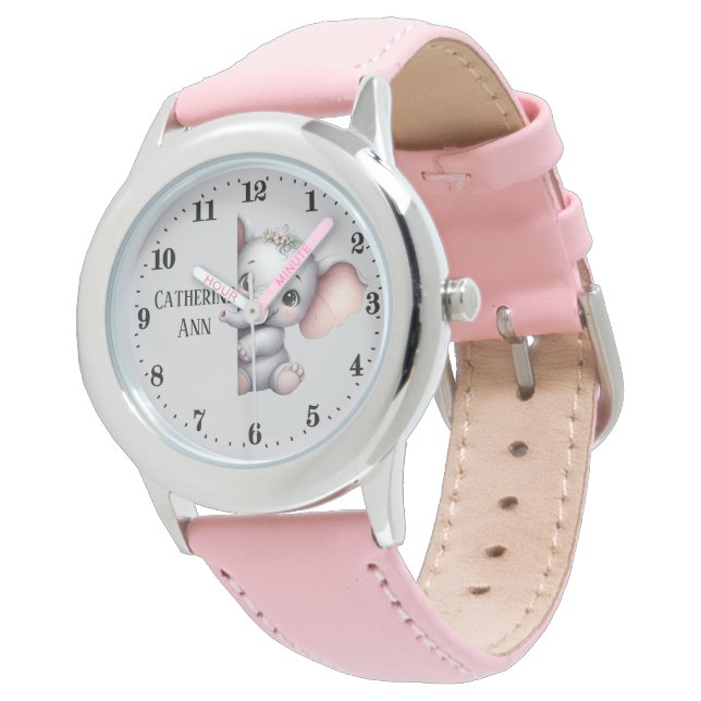Montre Mignonnes filles à regarder l'éléphant ajouter nom (Incliné)