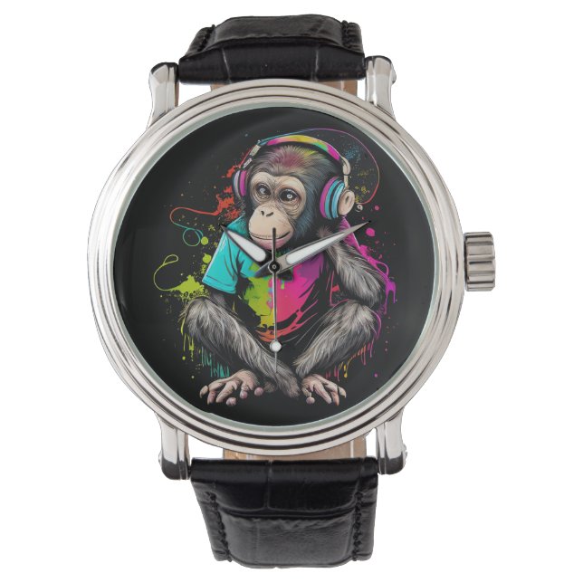 Montre Mignons Singe Écouter Musique, Musique Singe Obséd (devant)