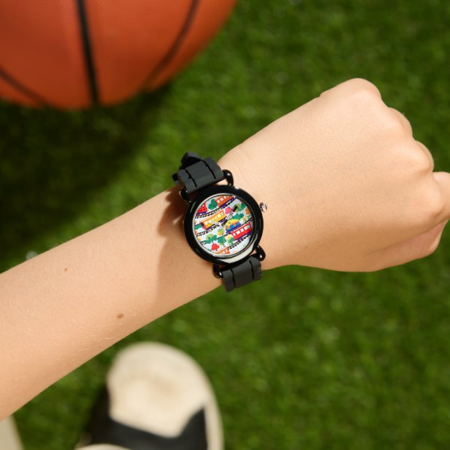 Montre Mignons trains et motif d'arbres bleu (Poignet)