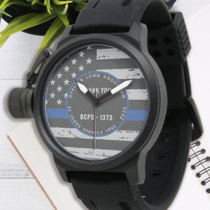 Montre Mince ligne bleue Merci retraite Cadeau police