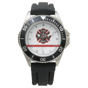 Montre Mince ligne rouge pompier Maltese Croix Blanc Fsce