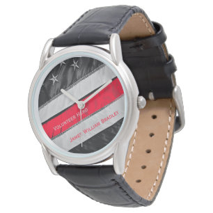 Montre Mince Red Line Drapeau Volontaire Pompier avec nom