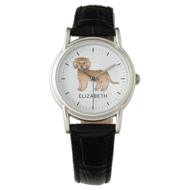Montre Mini Goldendoodle Abricot Dessin Animé Chien & Nom (devant)