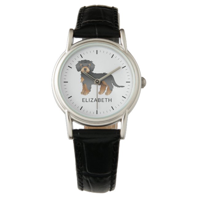 Montre Mini Goldendoodle Noir Et Tan Cartoon Chien Et Nom (devant)
