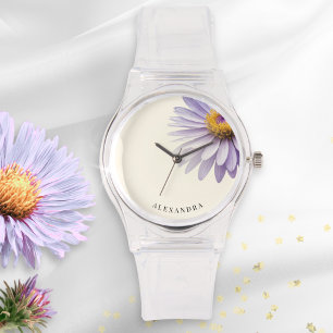 Montre Minimaliste Violet Aster Floral Nom Personnalisé M