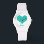 Montre Mint Green Heart - Personnalisé Name Watch<br><div class="desc">Design graphique d'un coeur vert menthe sur un arrière - plan blanc. Vous pouvez personnaliser la montre avec votre propre nom.</div>