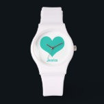 Montre Mint Green Heart - Personnalisé Name Watch<br><div class="desc">Design graphique d'un coeur vert menthe sur un arrière - plan blanc. Vous pouvez personnaliser la montre avec votre propre nom.</div>