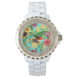 Montre Mix-fruit tropical, fleurs et feuilles en bleu