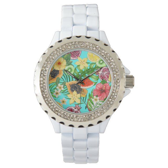Montre Mix-fruit tropical, fleurs et feuilles en bleu (devant)
