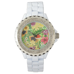Montre Mix-fruit tropical, fleurs et feuilles sur jaune