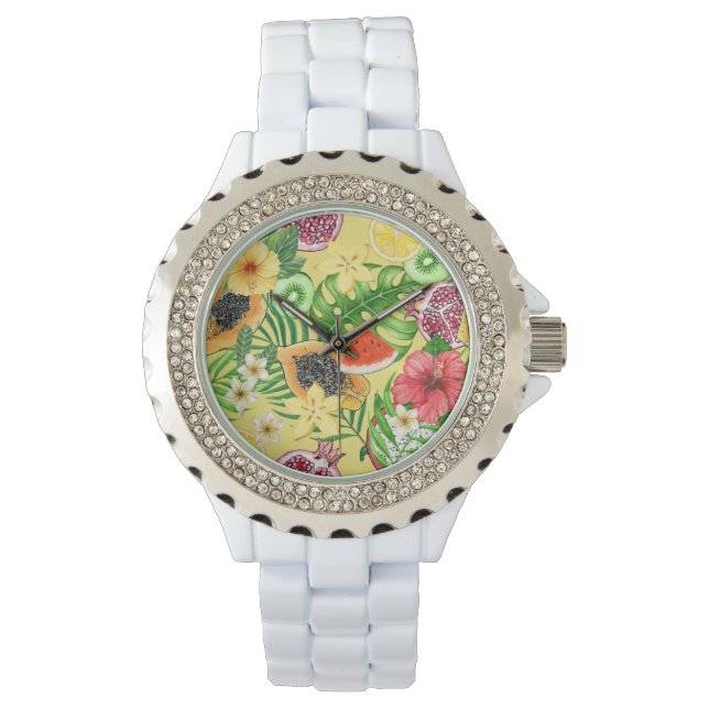 Montre Mix-fruit tropical, fleurs et feuilles sur jaune (devant)