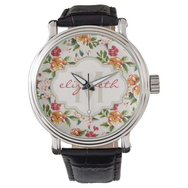 Montre Modèle floral chic avec nom de monogramme (devant)
