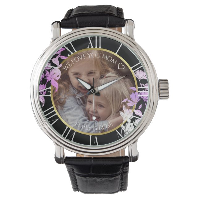 Montre Modèle photo Floral Violet Noir Floral Enfants (devant)