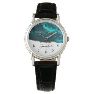 Montre Moderne Design Turquoise & Or Agate sur blanc