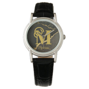 Montre Moderne Elegant Noir et Or Nom Monogramme
