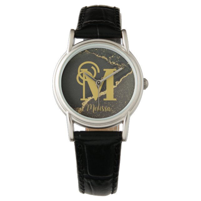 Montre Moderne Elegant Noir et Or Nom Monogramme (devant)