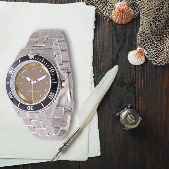 Montre Moderne Elegant Rosybrown et Gold Nom personnalisé (Créateur téléchargé)