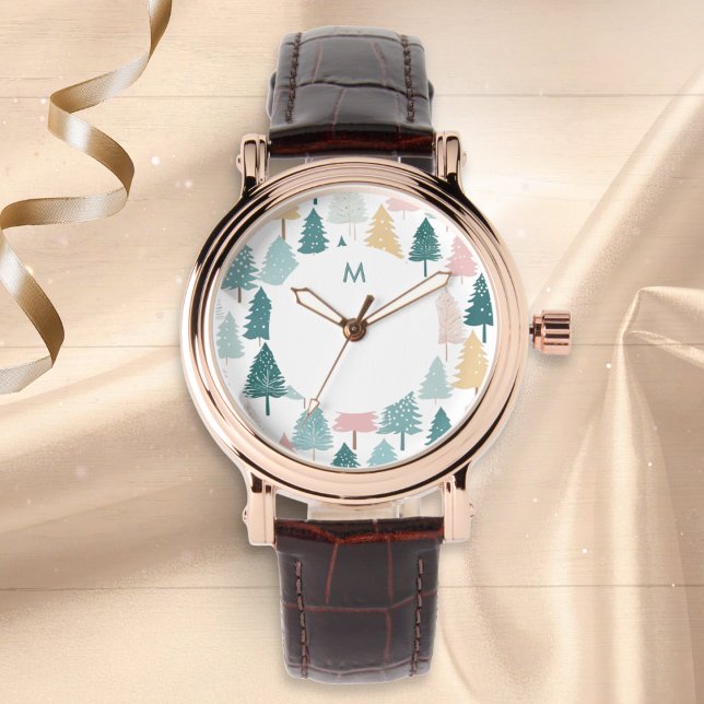 Montre Moderne Monogramme de Motif d'Arbre de Noël Scandi (An elegant monogrammed wristwatch with Scandi-style modern Christmas trees pattern in pastel colors)