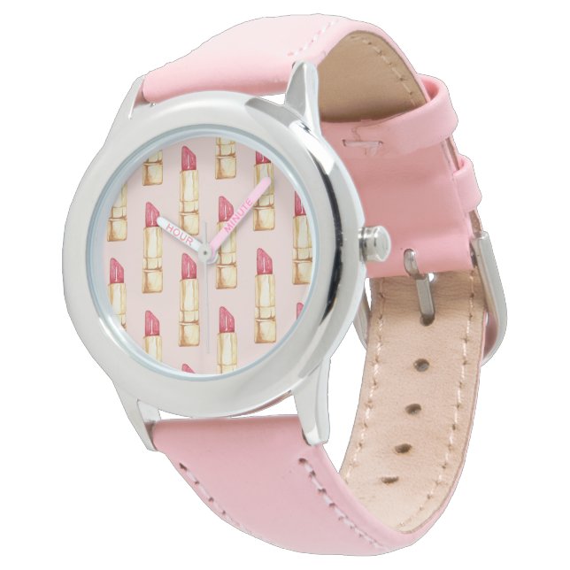 Montre Moderne Pastel rose & rouge Motif à lèvres (Incliné)