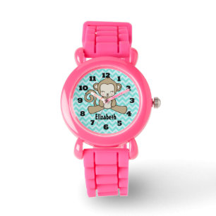 Montre Monkey Cute & Kawaii Sur Blue Chevron Personnalisé