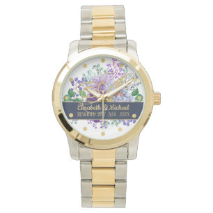 Montre Monogram Blue Purple Floral Gold Newlyweds Wedding