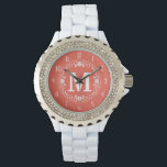 Montre Monograme de Coral White Floral Wreath<br><div class="desc">Cette belle montre est parfaite pour ajouter une touche d'élégance à votre garde-robe. Elle est faite dans une couleur de corail mou avec une guirlande de fleurs blanches et des points dans un look pochoir, avec des nombres blancs pour correspondre. Ajoutez votre lettre monogramme pour personnaliser. Vous pouvez aussi customiser...</div>