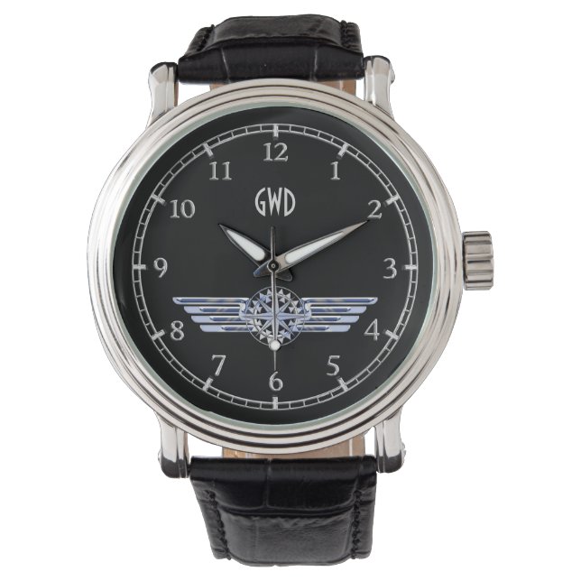 Montre Monogramme Air Pilote Ailes Argent Compass sur noi (devant)